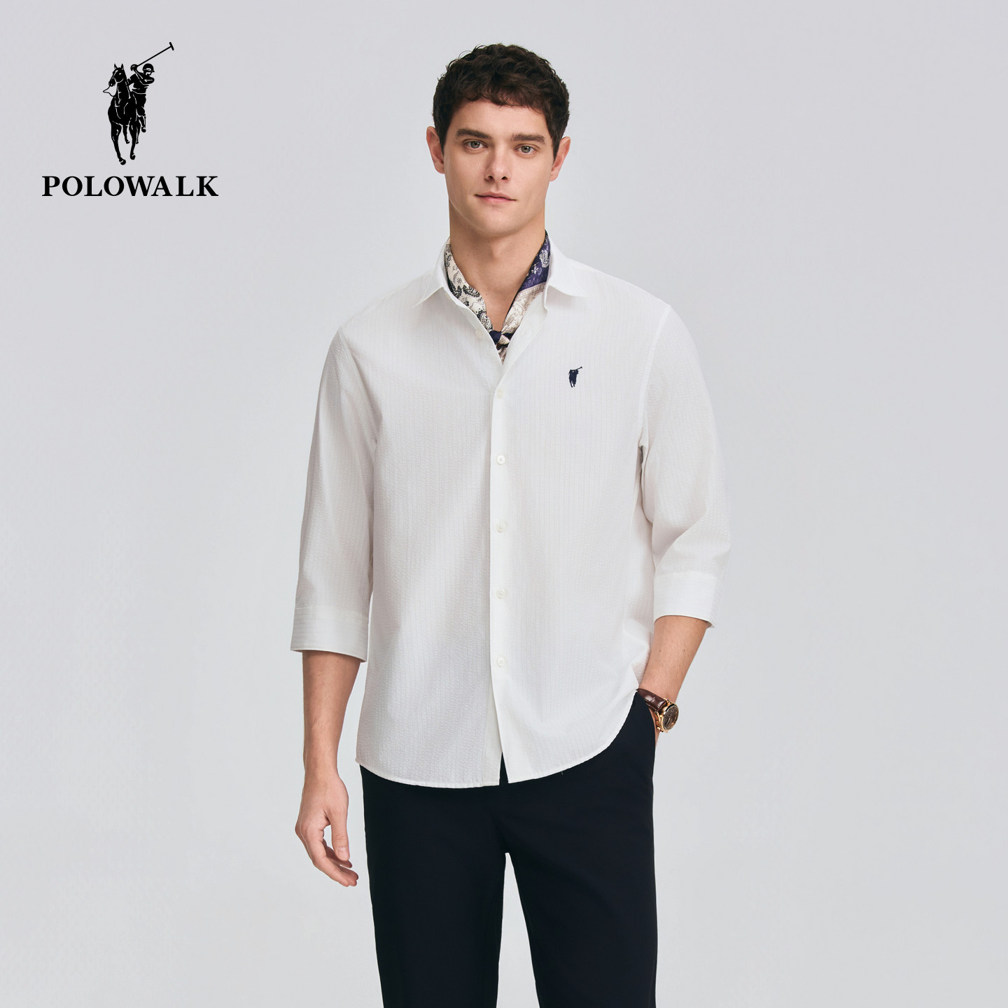 POLOWALK男式衬衫2026春季新品经典翻领肌理感休闲百搭中袖衬衫