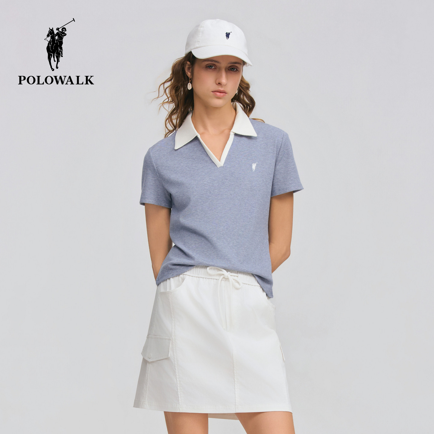 POLOWALK女式短袖2026夏季新品时尚撞色剪刀领休闲运动短袖T恤