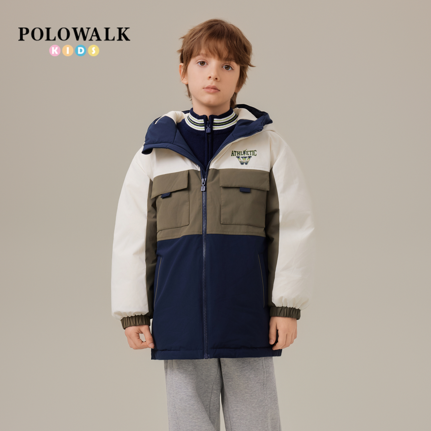 POLOWALK童装男童羽绒服2025冬季新品时尚撞色保暖90鸭绒连帽外套