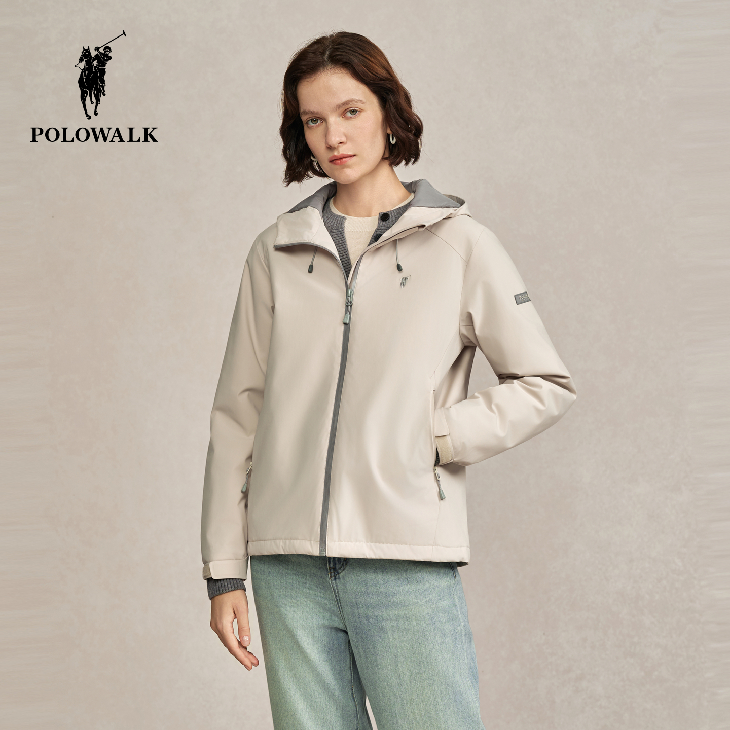 POLOWALK女式外套2025冬季新品女装简约百搭户外休闲立领连帽外套