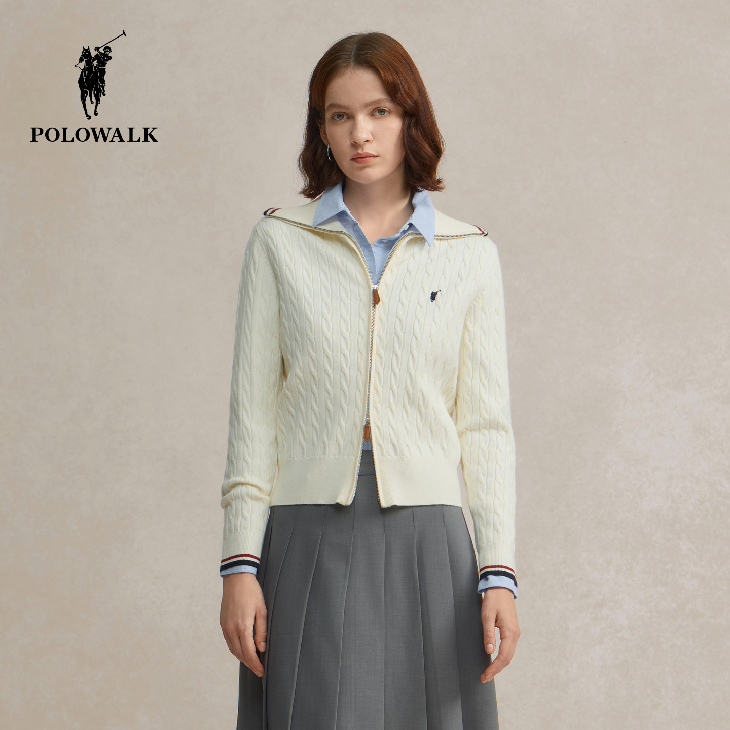 POLOWALK女式长袖针织衫2025秋季新品绞花翻领开衫韩版上