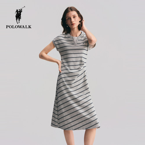 POLOWALK女式短袖针织连衣裙2026夏季时尚双层领条纹显瘦连衣裙
