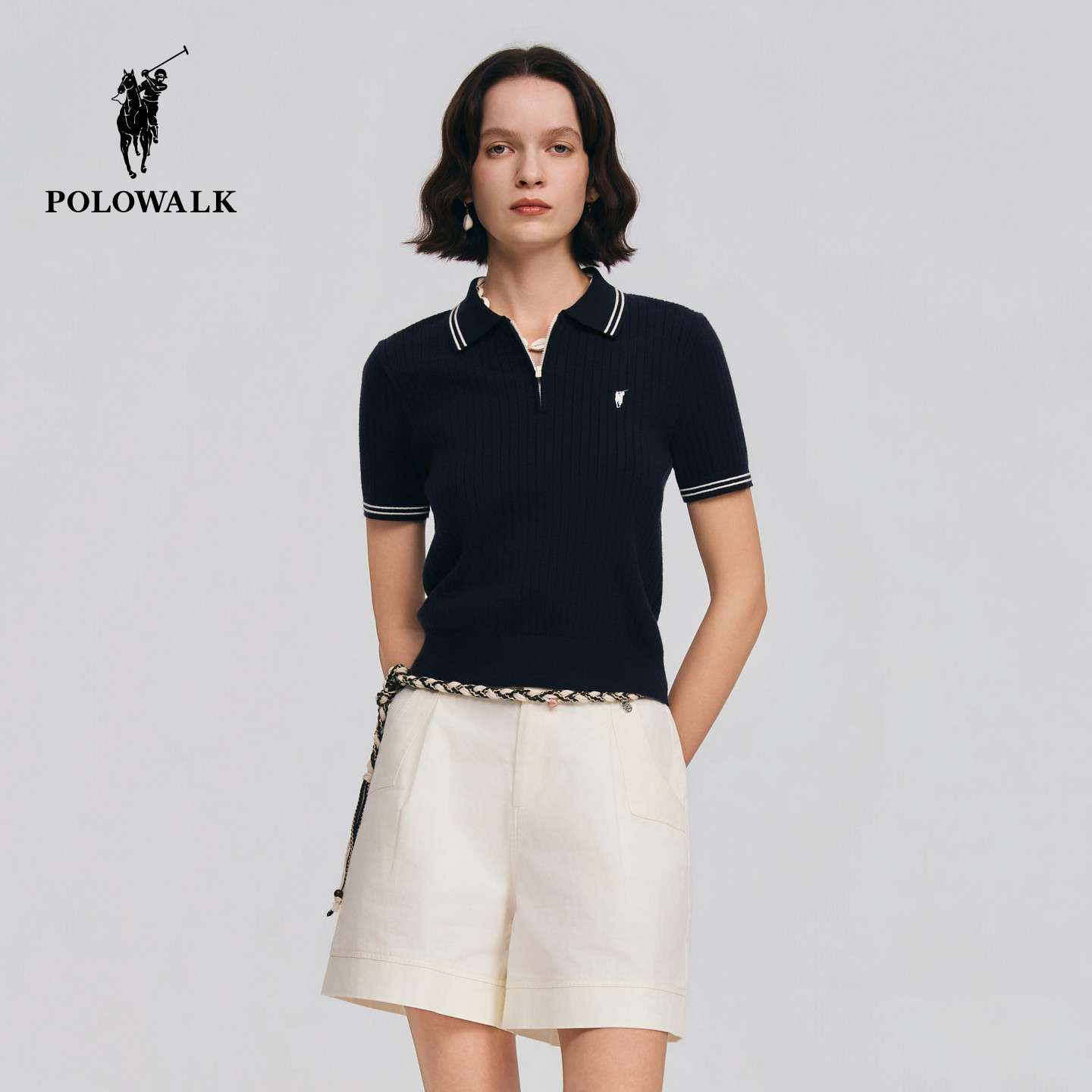 POLOWALK女式短袖针织衫2026春季新品撞色翻领半拉链休闲简约上衣