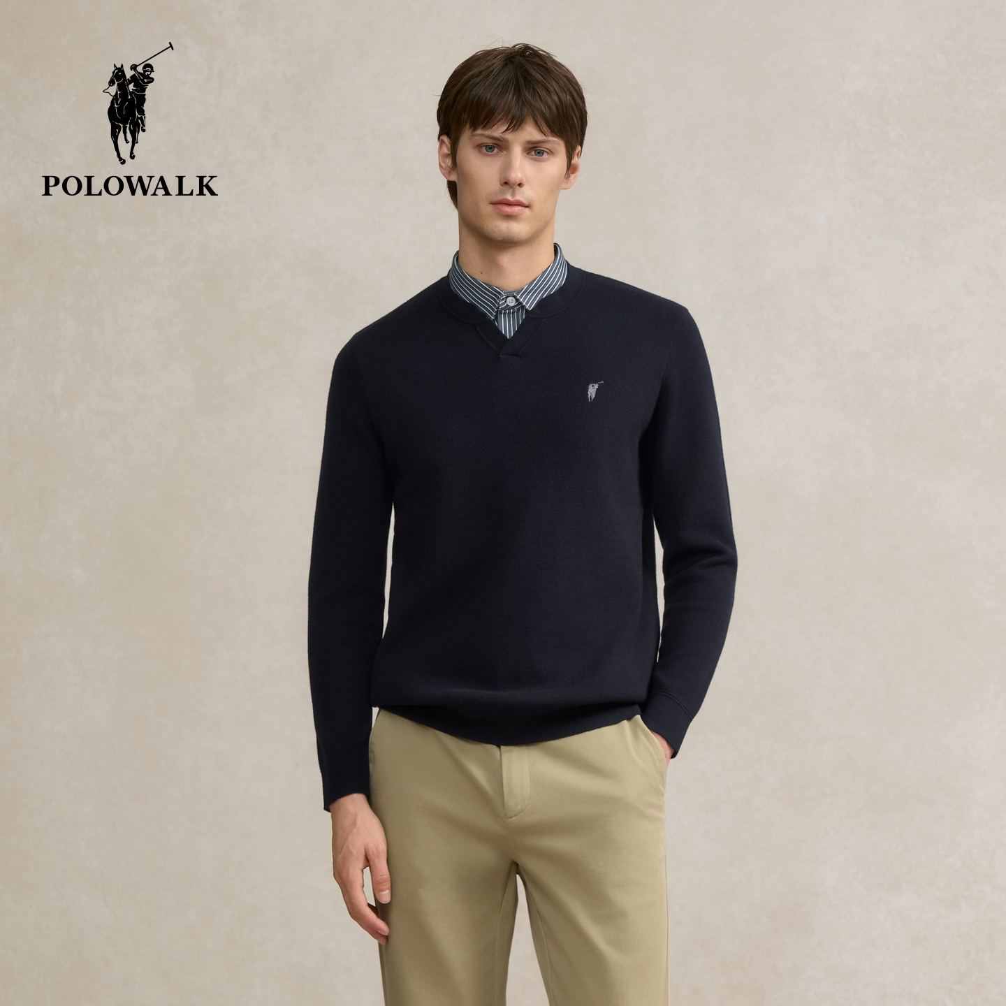 POLOWALK男装针织衫2025秋季新品假两件衬衫领商务风男式套头衫