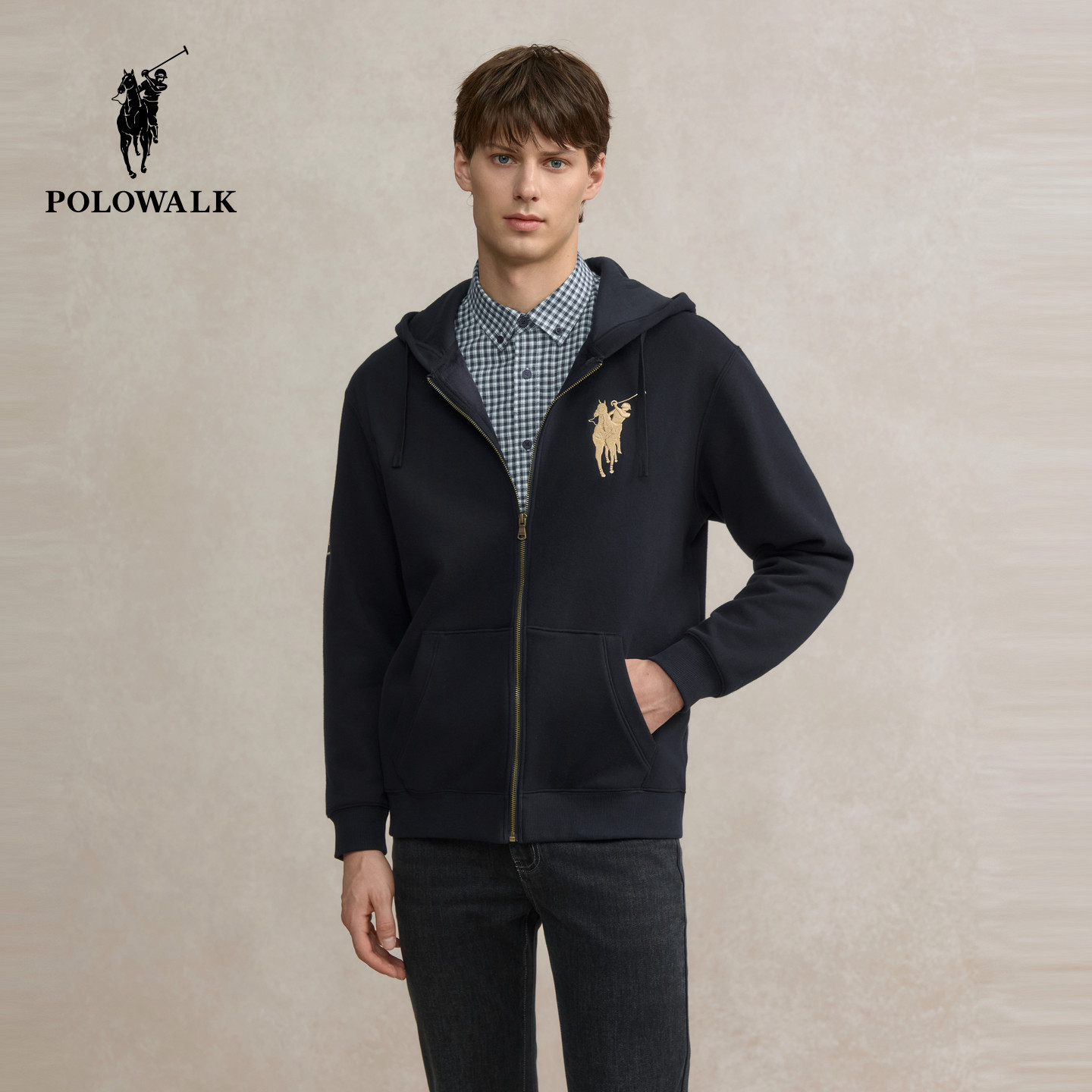 POLOWALK男式卫衣2025冬季新品刺绣美式休闲风连帽加绒卫衣外套男