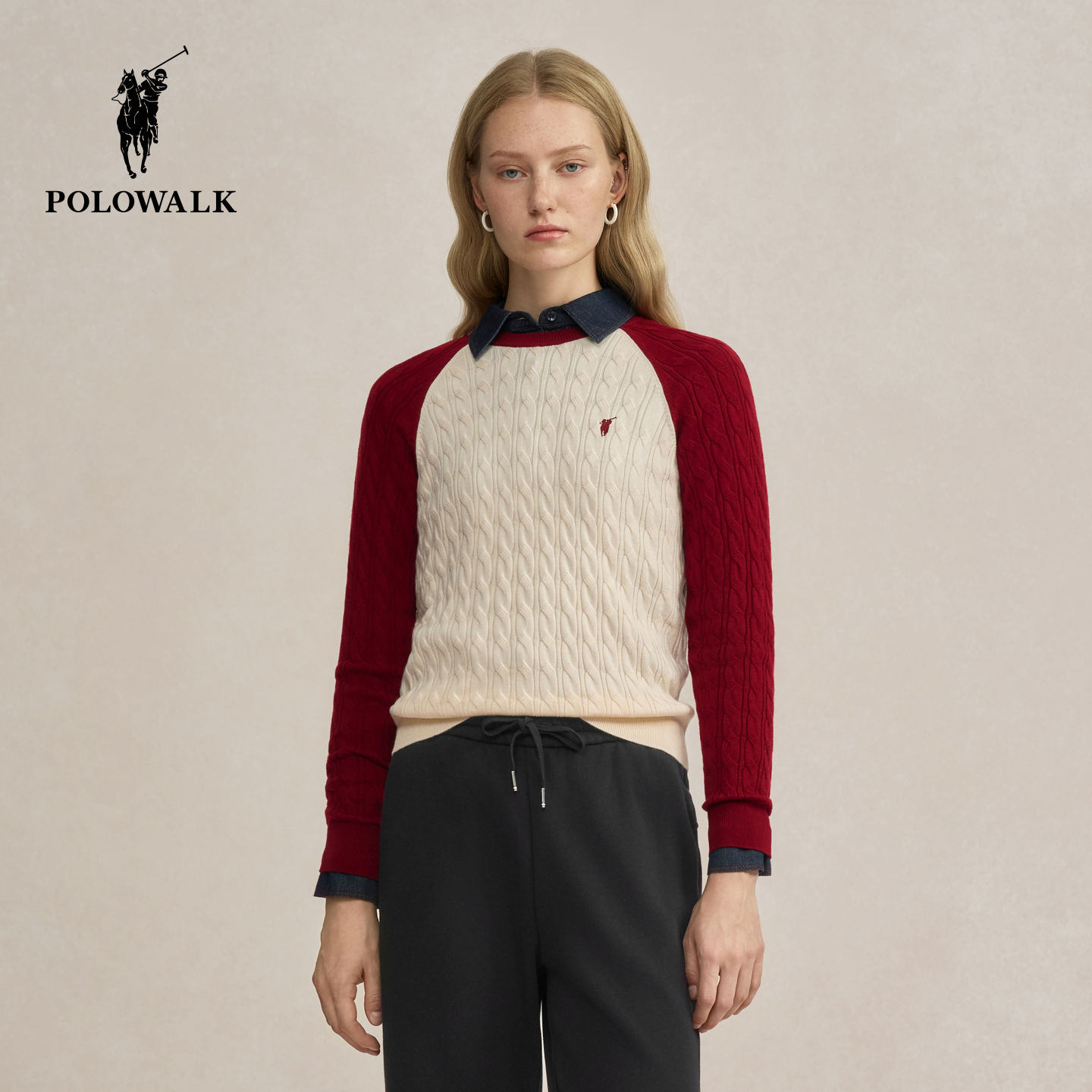 POLOWALK女式长袖针织衫2025秋季新品时尚撞色百搭休闲绞花套头衫