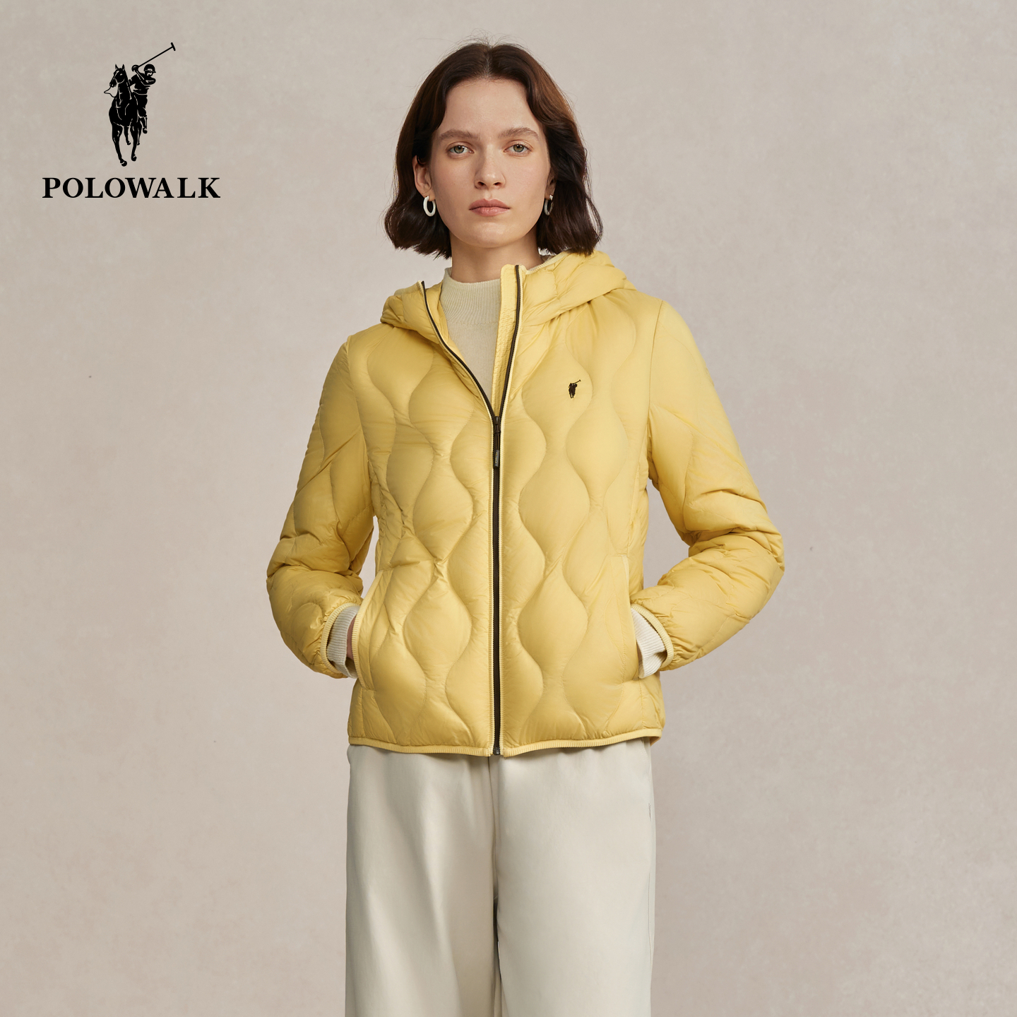 【90鹅绒】POLOWALK女式羽绒服2025冬季新品韩版简约连帽羽绒外套