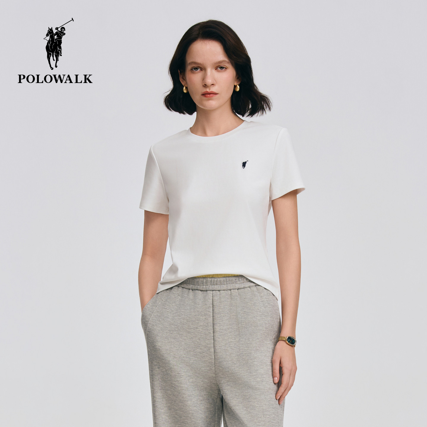 【香菇来了直播间】POLOWALK女式圆领短袖T恤夏季简约百搭修身短t