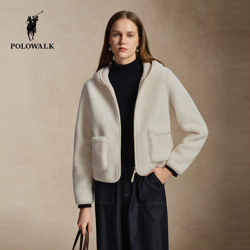 POLOWALK女式外套2026冬季新品保暖舒适摇粒绒连帽纯色拉链外套