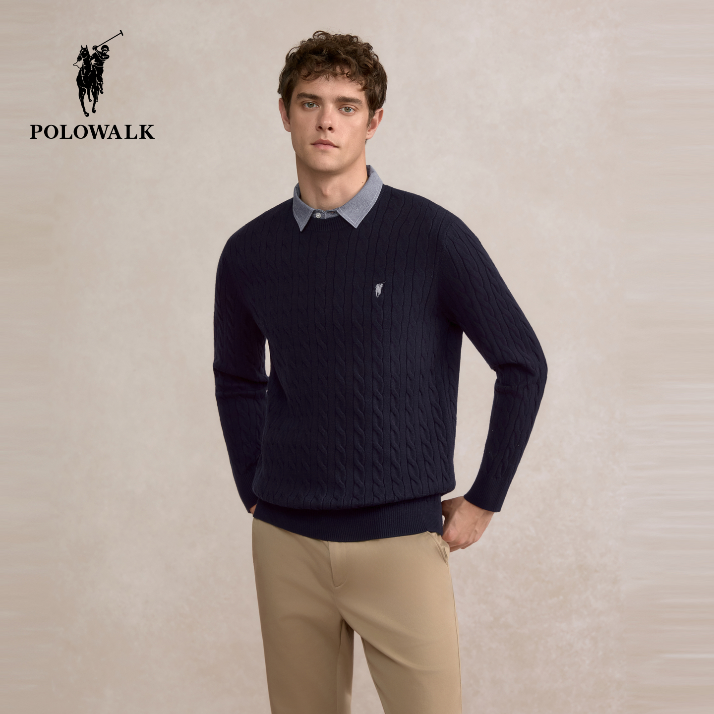 POLOWALK男装针织衫2025秋季新品假两件商务韩系绞花男式套头上衣