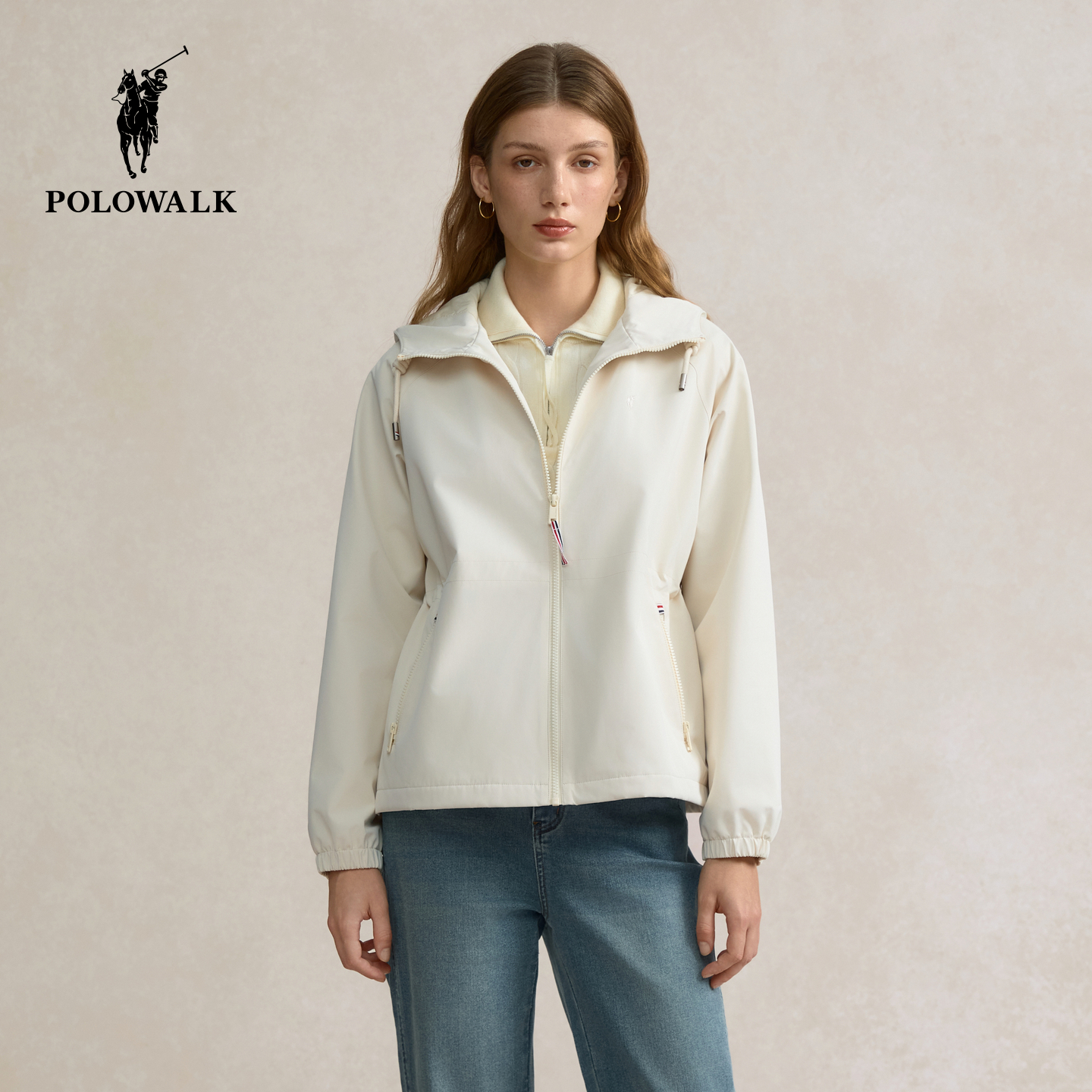 POLOWALK女式外套2025冬季新品简约连帽休闲夹克百搭纯色上衣女款