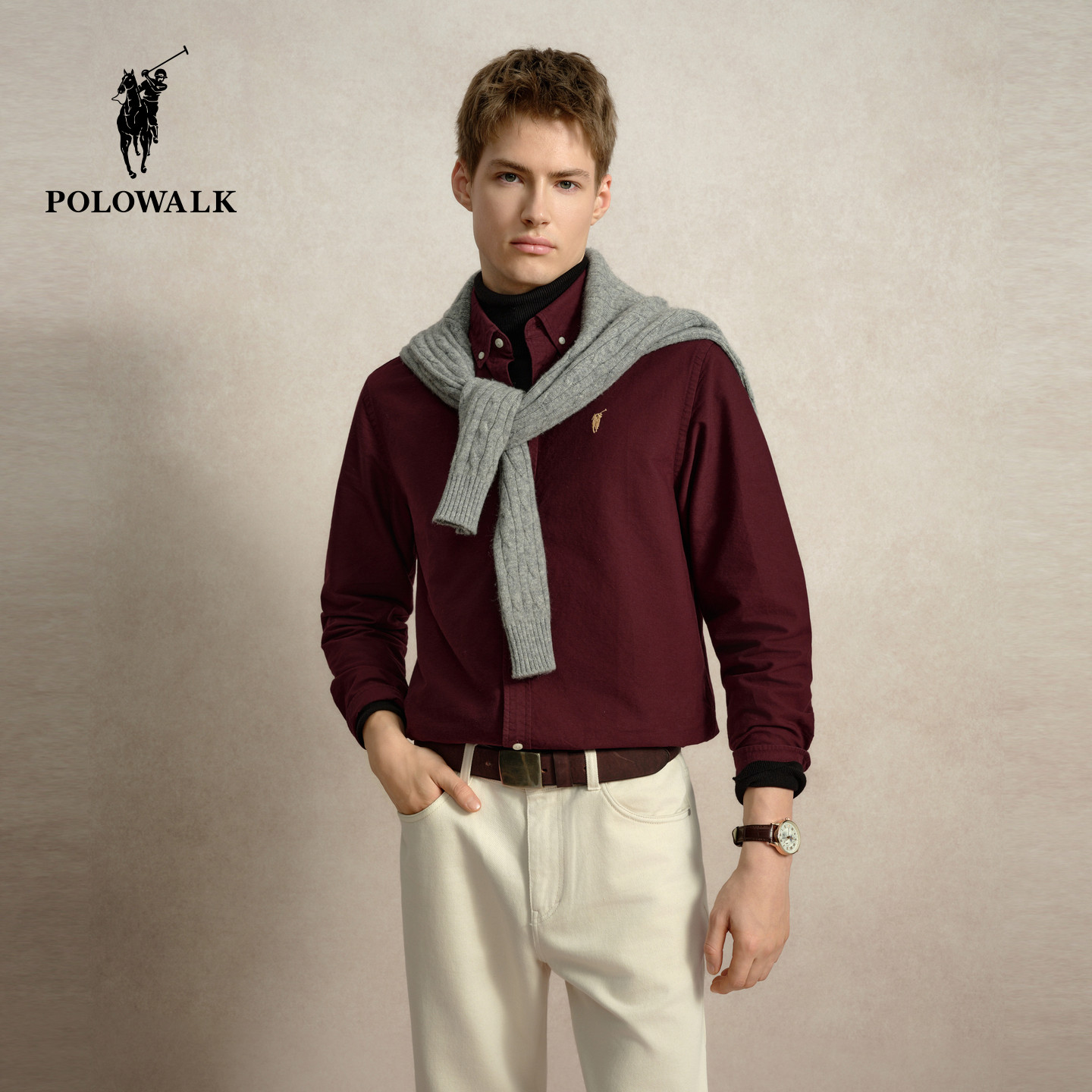 POLOWALK2026早秋新品男士长袖衬衫酒红商务休闲翻领衬衣通勤上衣