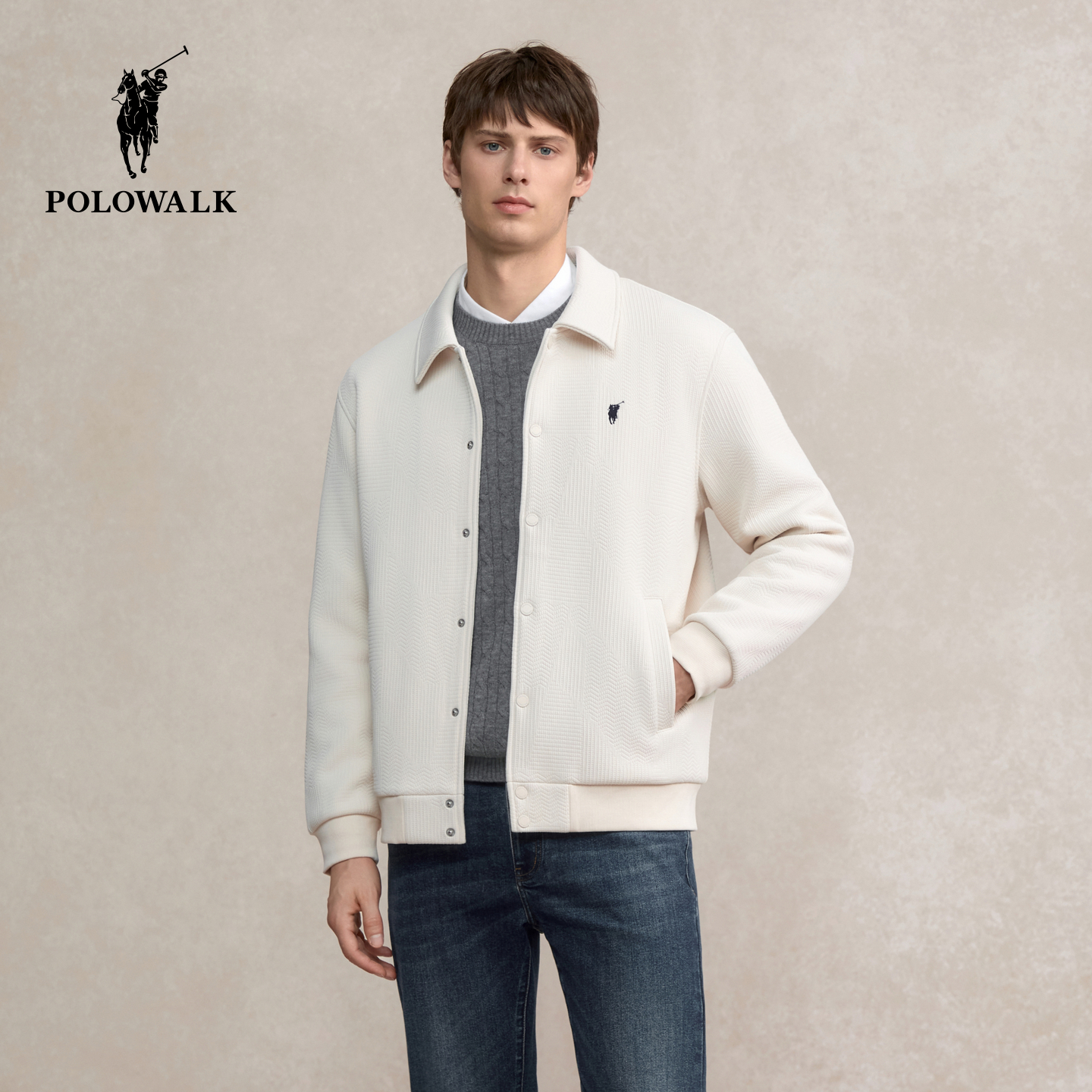POLOWALK男式卫衣2025秋冬新品简约休闲通勤翻领男装开衫外套