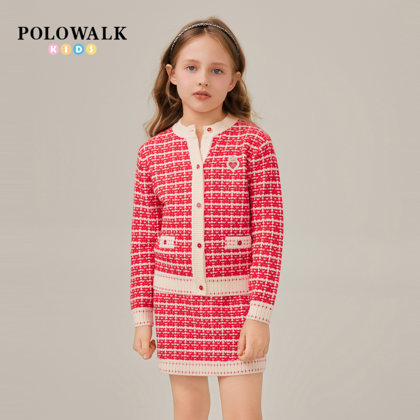 POLOWALK童装女童长袖套装2025新品甜美少女风针织长袖两件套裙装