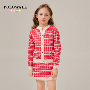 POLOWALK童装女童长袖套装春秋新品甜美少女风针织长袖两件套裙装