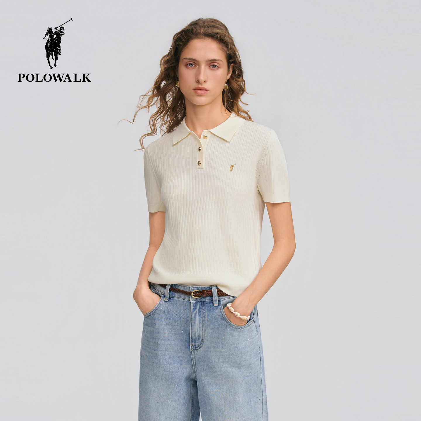 POLOWALK女式短袖针织衫2026春季新品翻领坑条短袖套头针织上衣