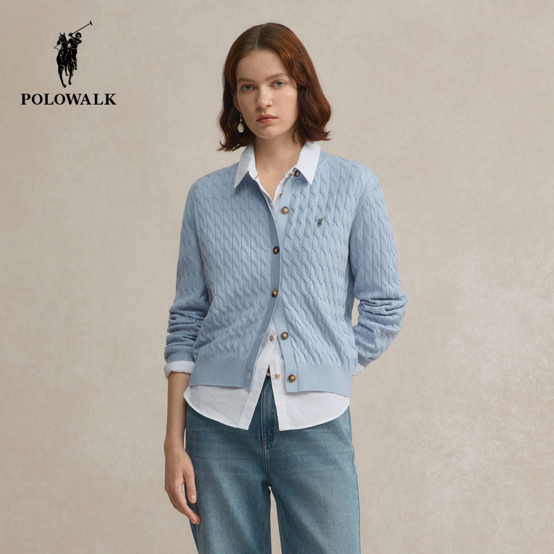 【含绵羊毛】POLOWALK长袖针织衫女士2025秋季新品绞花针