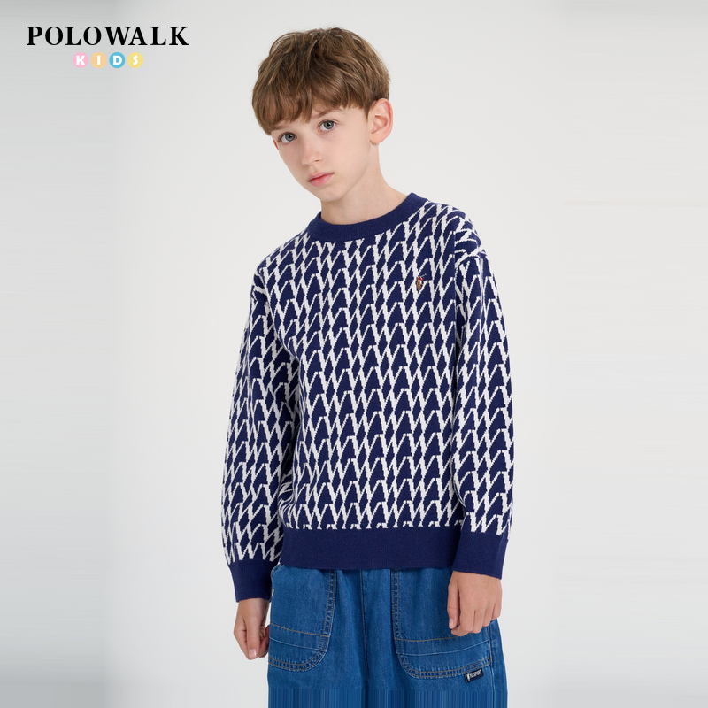 POLOWALK童装新品2024秋冬新款男童针织休闲圆领藏青色格子毛衣男