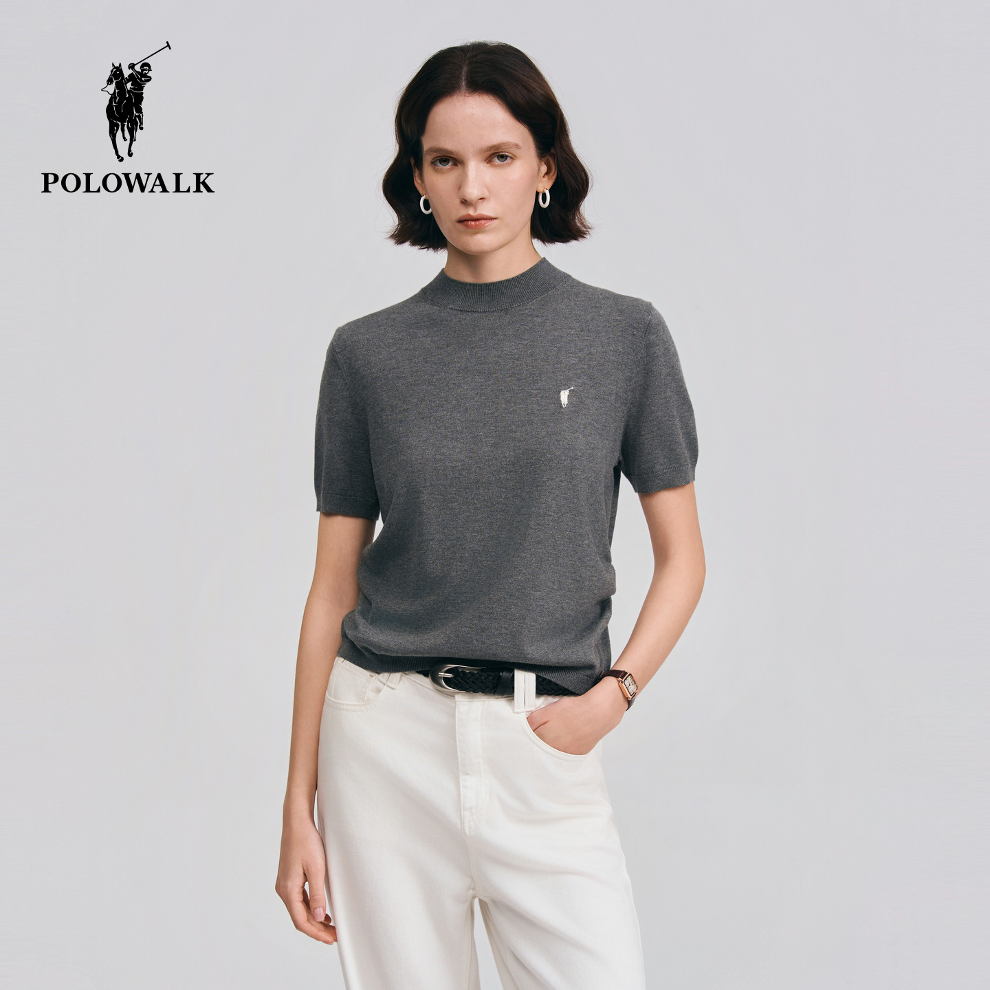 POLOWALK女式短袖针织衫2026夏季新品简约百搭修身显瘦短袖针织衫