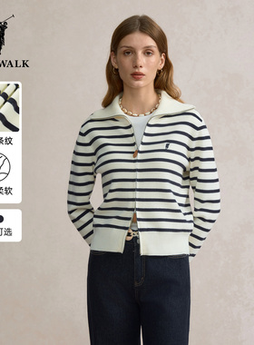 【特惠】POLOWALK女士polo领开衫秋冬款条纹针织衫薄款百搭上衣女