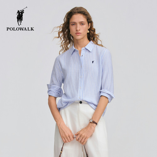 POLOWALK条纹翻领长袖衬衫