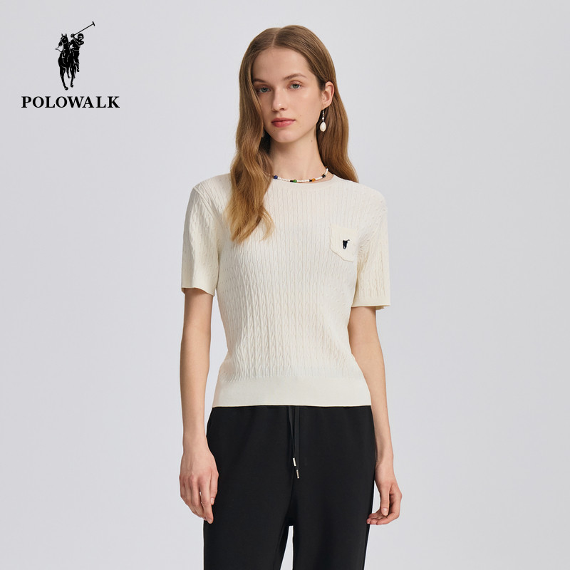 POLOWALK短袖针织衫女式2026春季针织短袖纯色内搭针织T恤女薄款