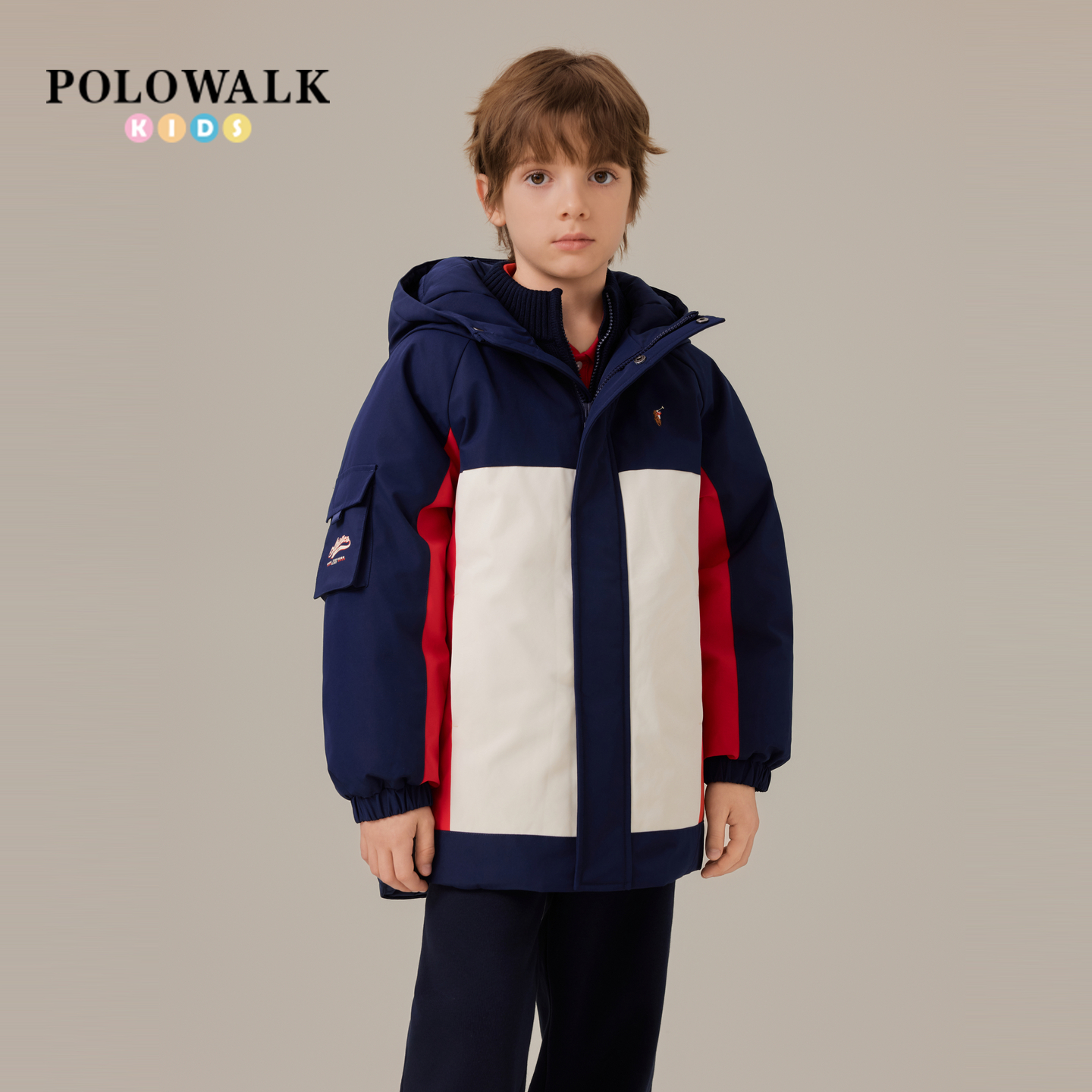POLOWALK童装男童羽绒服2025冬季新品撞色拼接保暖90鸭绒羽绒外套