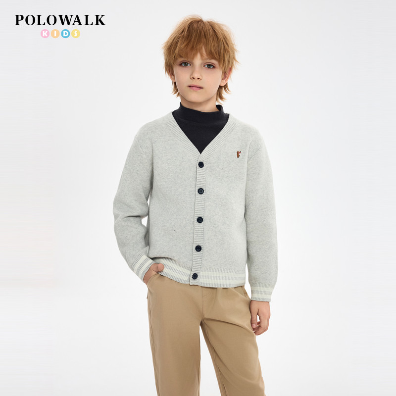 POLOWALK童装男童V领针织衫春秋款中大童针织开衫毛衣百搭外套