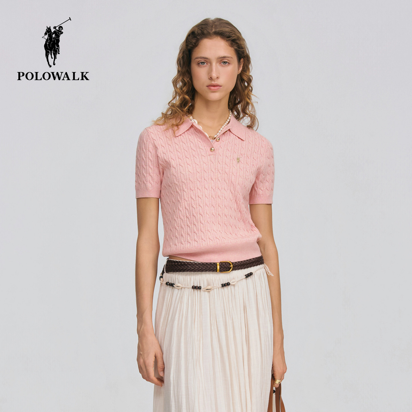 POLOWALK女式短袖针织衫2026春季新品翻领绞花休闲百搭短袖针织衫