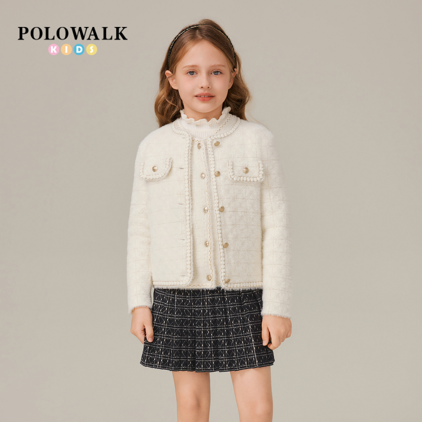 POLOWALK童装女童针织衫2025秋季新品方格提花圆领女童小香风外套