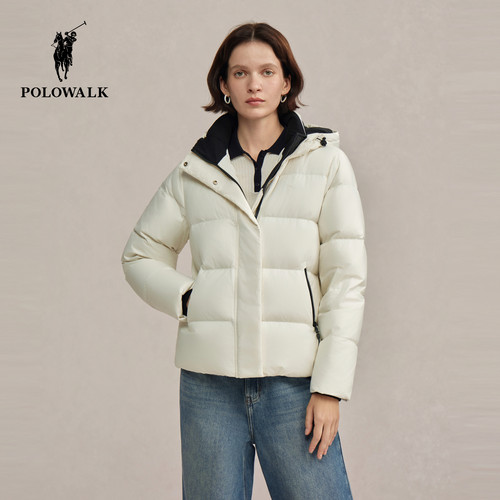 POLOWALK女式羽绒服2025冬季新品90鸭绒通勤保暖连帽面包羽绒外套