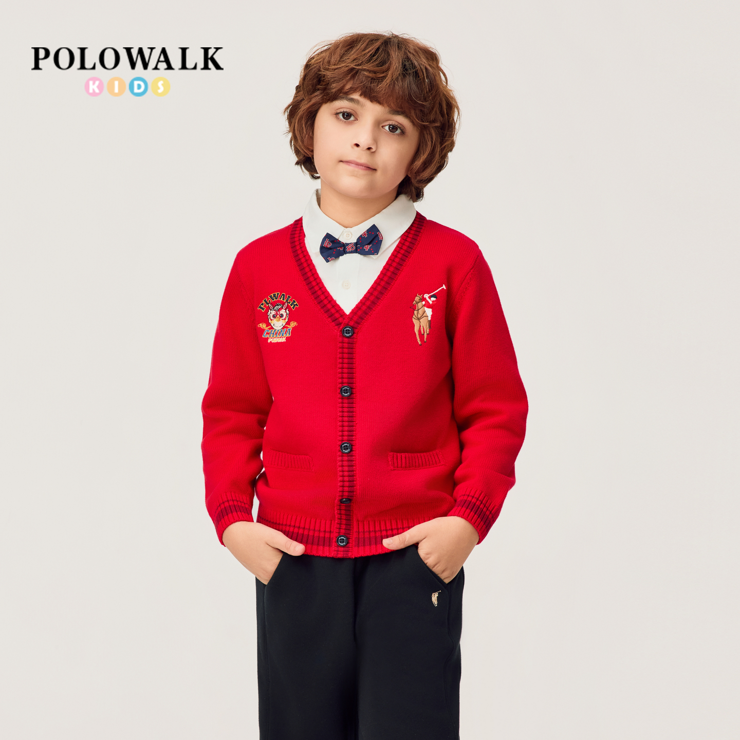 【新年款 100%棉】POLOWALK男童针织衫2026新品红色假两件针织衫