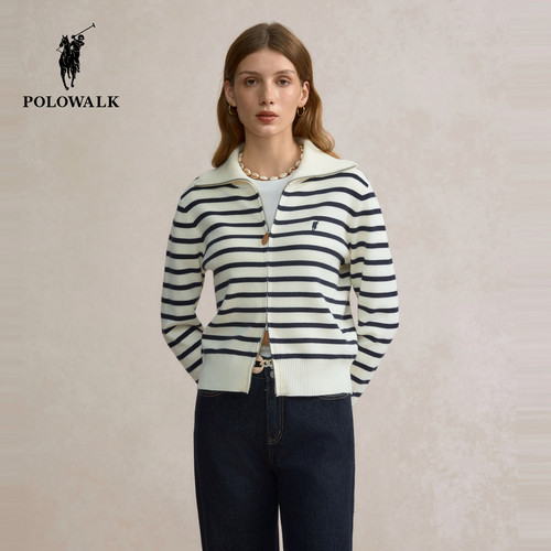 秋季女式条纹翻领长袖针织衫