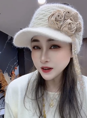 秋冬新款立体花朵长流苏针织毛线空顶帽保暖显脸小百搭休闲鸭舌帽
