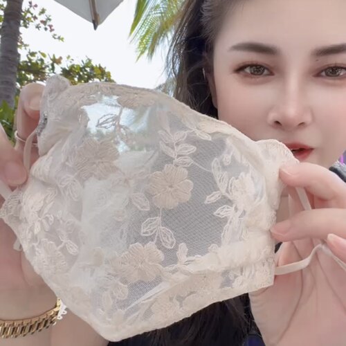 夏季新款太阳花蕾丝刺绣防晒口罩高颜值透气网纱面罩褶皱款T1159