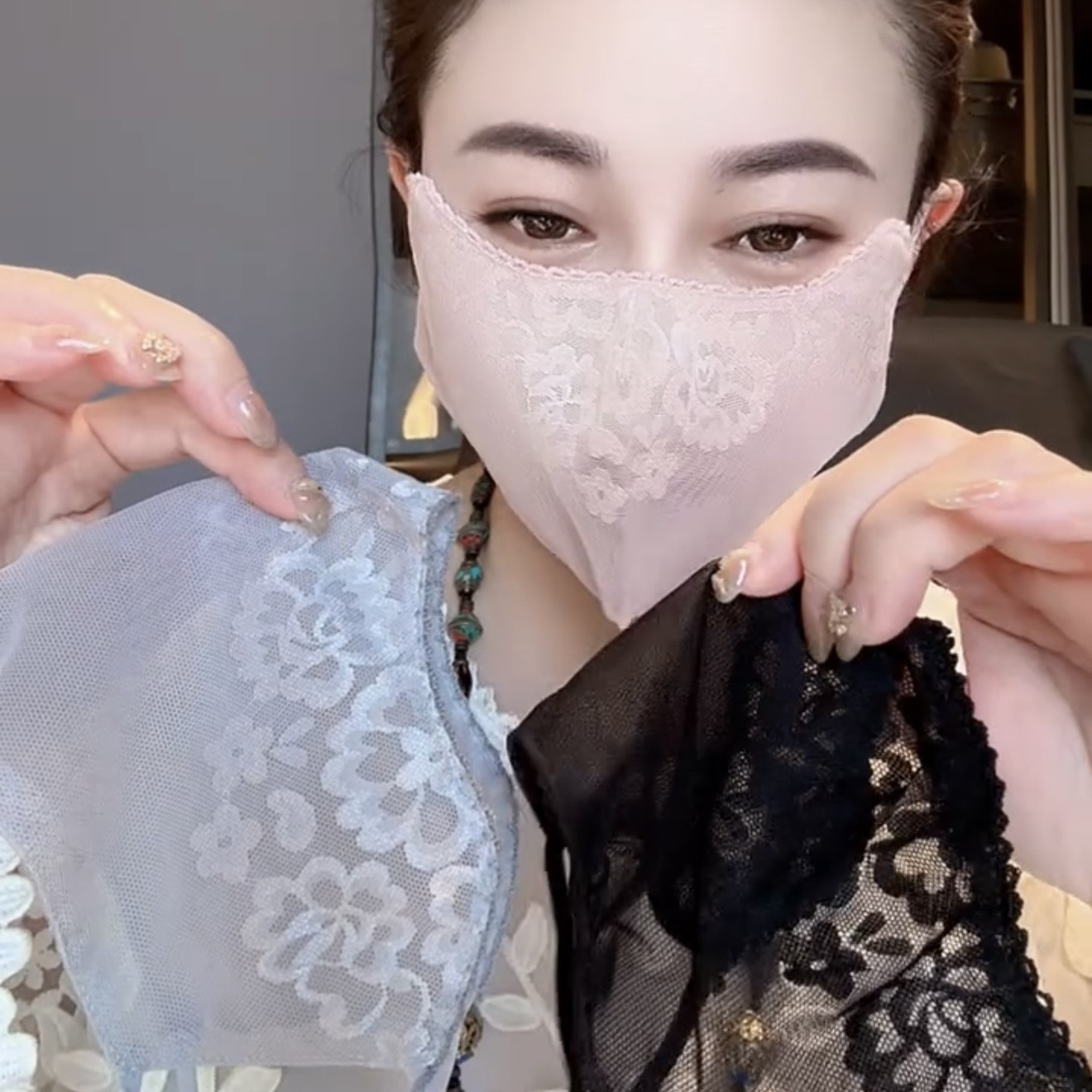 蕾丝防晒口罩女夏高颜值优雅性感轻薄透气遮阳面纱显瘦时尚面罩