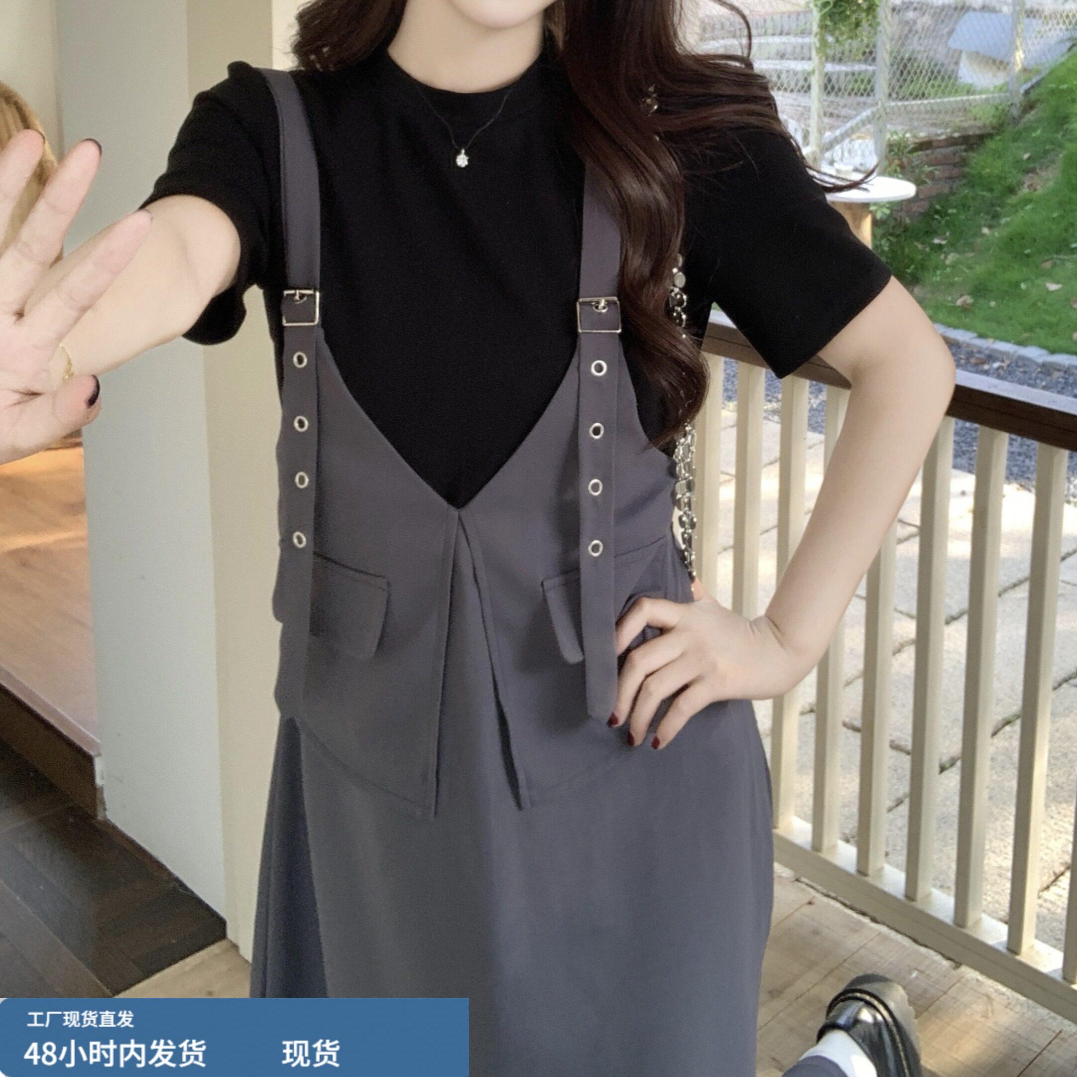 微胖大码女装假两件背带连衣裙夏季巨显瘦遮肉裙子超火穿搭一整套图片