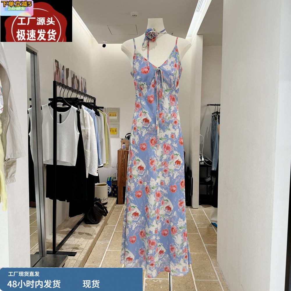 十三行2025夏日轻熟风气质v领系带碎花吊带裙度假风法式连衣裙