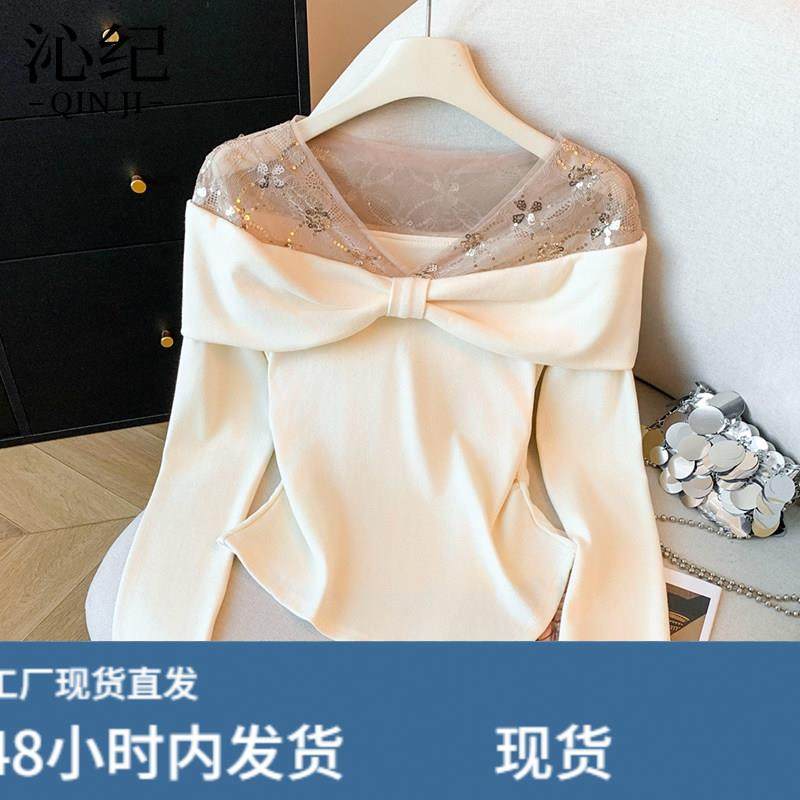 纯欲风红色蕾丝拼接烫钻长袖T恤女2026秋冬新款气质露肩打底上衣,模玩/动漫/周边/娃圈三坑/桌游,Cosplay女装/cos女装,淘宝优惠券,粉丝福利购,淘宝优惠卷