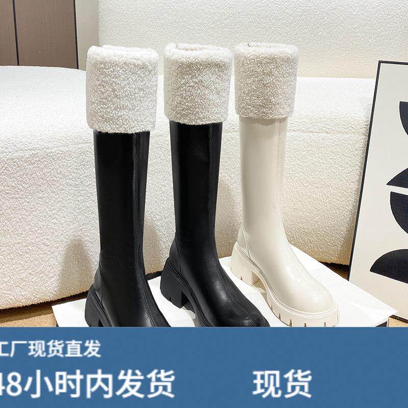 高筒靴女厚底内增高小个子骑行靴冬季加绒羊羔毛长筒靴不过膝长靴
