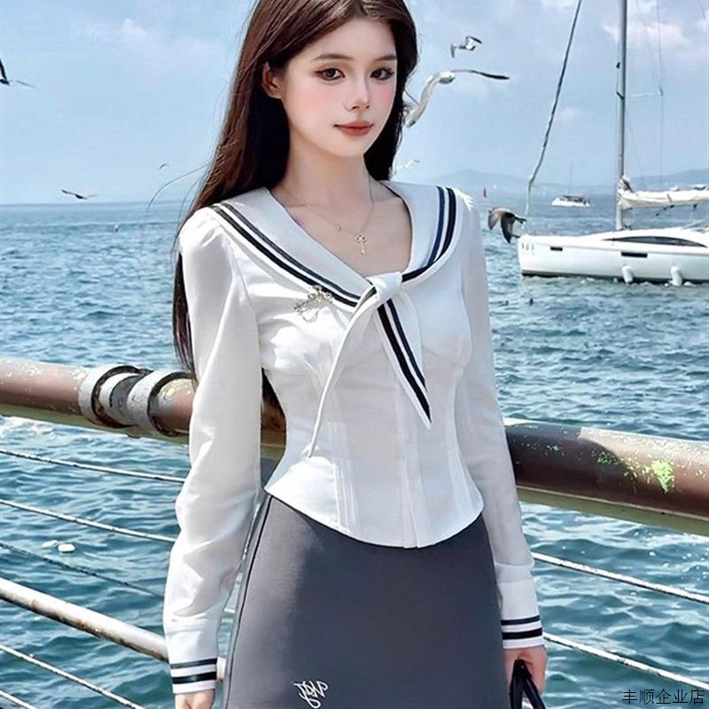 学院风海军领设计收腰修身显瘦长袖衬衫上衣女高腰半身裙两件套秋