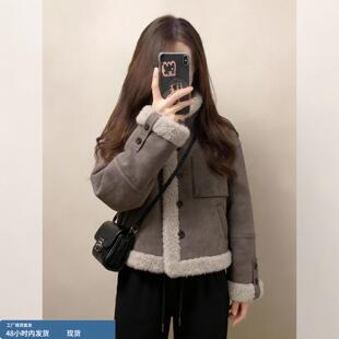 2026新款今年流行爆款皮毛一体灰色立领加绒加厚羊羔毛外套女冬季