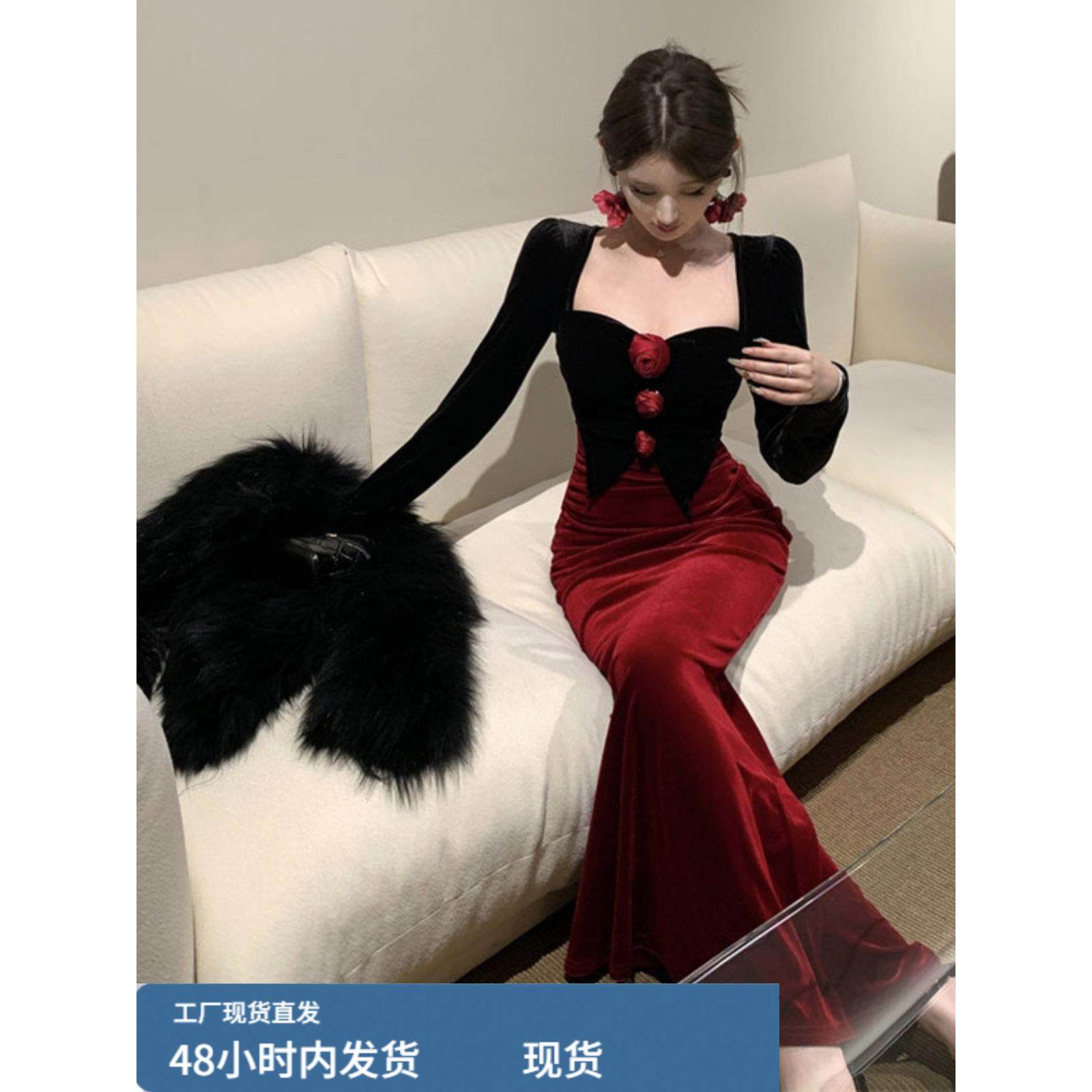 法式红色丝绒连衣裙女秋季高级感气质名媛包臀生日年会礼服长裙子,运动/瑜伽/健身/球迷用品,瑜伽短裙,淘宝优惠券,粉丝福利购,淘宝优惠卷