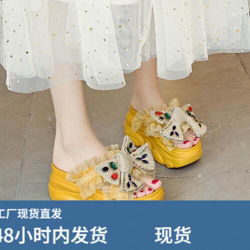 2026夏季新款9cm内增高拖鞋厚底高跟蝴蝶结凉拖鞋女百搭外穿拖鞋