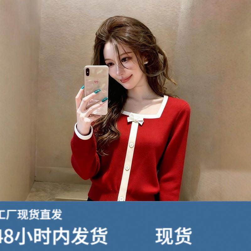 法式温柔风方领蝴蝶结针织衫女秋冬内搭修身显瘦小众气质打底上衣,女装/女士精品,羊绒衫,淘宝优惠券,粉丝福利购,淘宝优惠卷