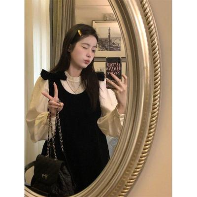 孕妇套装秋冬新款复古设计蝴蝶结丝绒连衣裙木耳边压褶上衣两件套