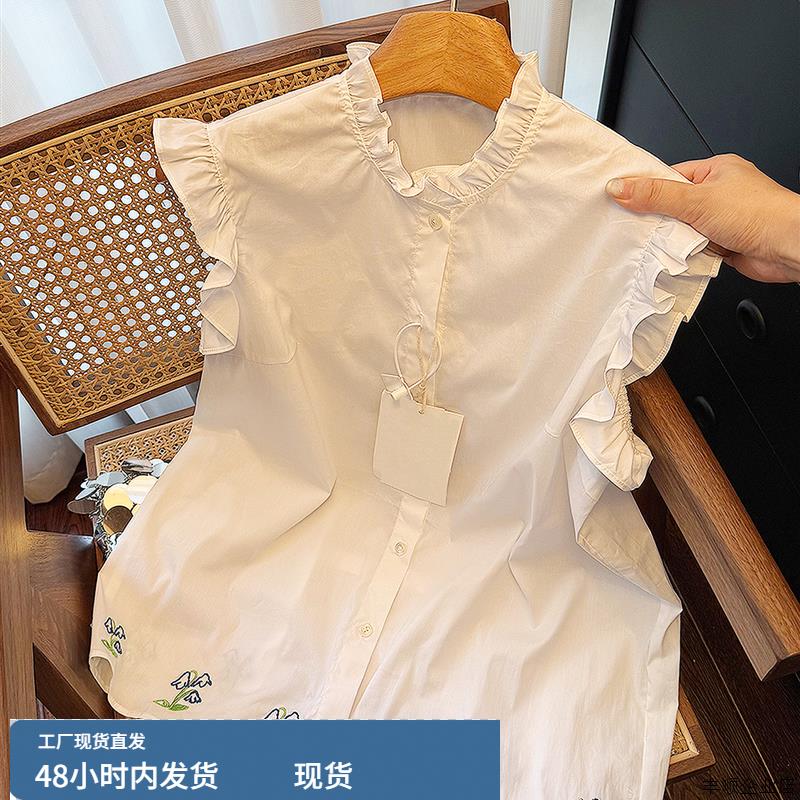 木耳边花卉刺绣下摆圆领衬衫女2025秋季新款宽松荷叶边飞飞袖上衣