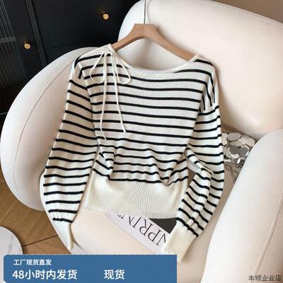 不规则斜肩条纹长袖针织衫女秋修身显瘦内搭打底衫绑带蝴蝶结上衣