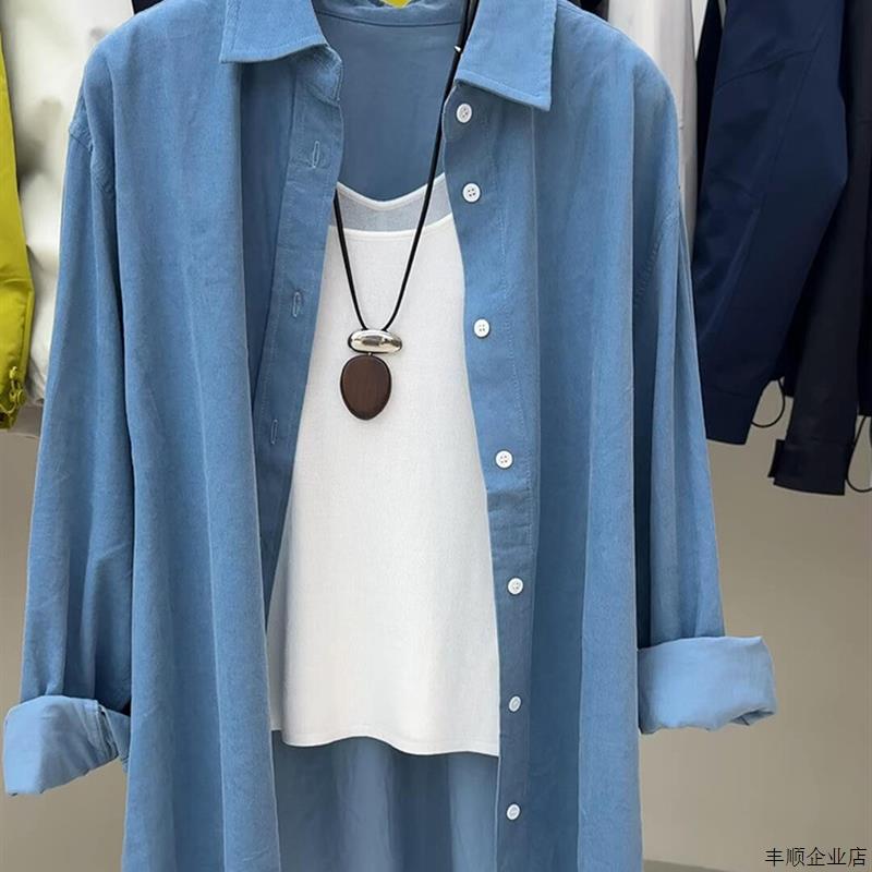 CHAO级推荐蓝色天丝棉polo领排扣衬衫女秋季覆古文艺百搭薄外套