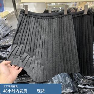 韩版高腰松紧呢料短裙女冬季新款设计感百褶加厚A字JK短款半身裙